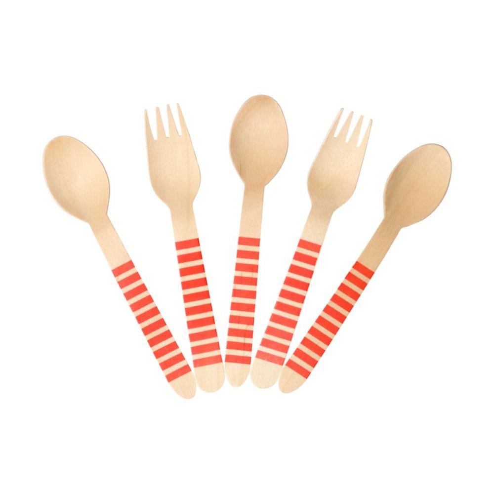 Red striped wooden cutlery 12 Spoons 12 Forks